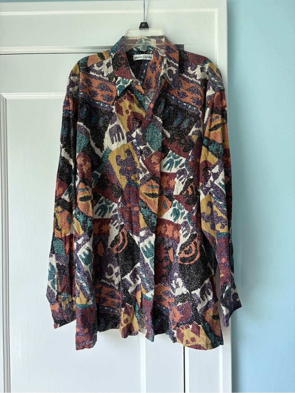 VTG Pierre Cardin Abstract Patchwork Button Down Rayon Shirt Geometric Artsy